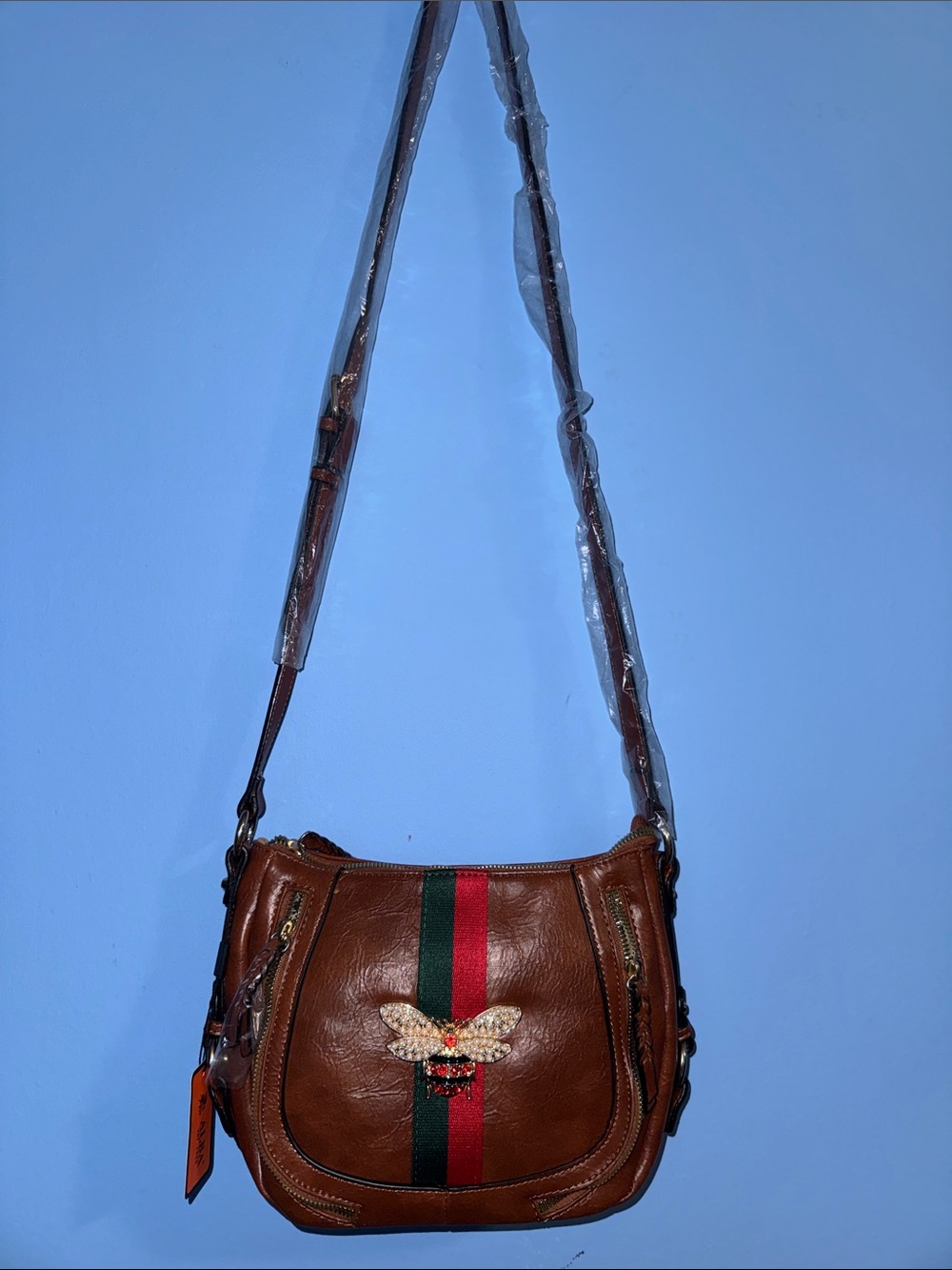 Brown  Crossbody Bag with Green & Red Stripe and Bee Accent